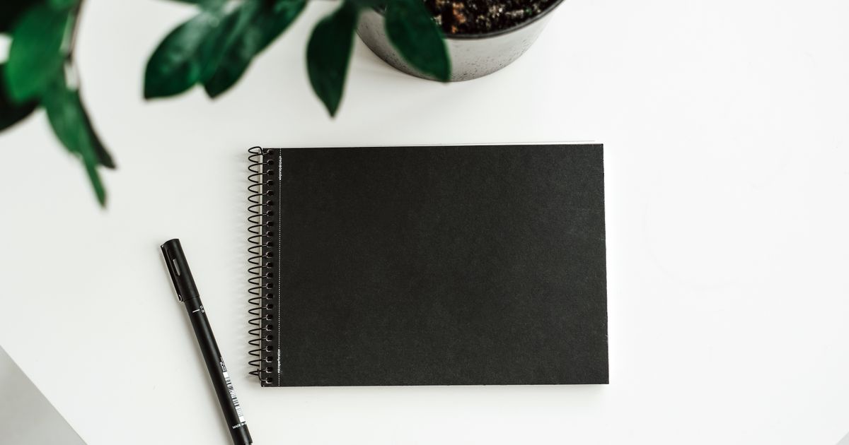 Minimalist flat lay featuring a black notebook, pen, and plant on a white table, perfect for creatives.